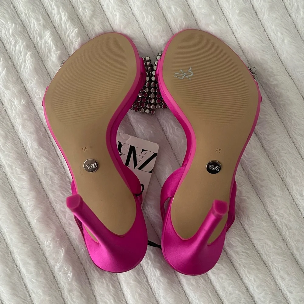 Zara Fuchsia Embellished Bow High Heel Slingbacks - Picture 8 of 13
